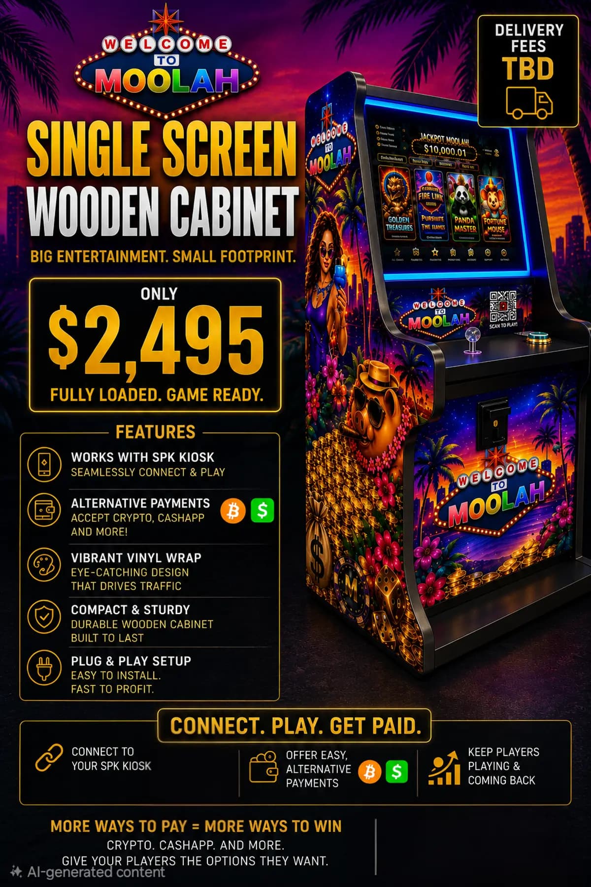 Single Screen Moolah cabinet — $2,495, fully loaded and game ready